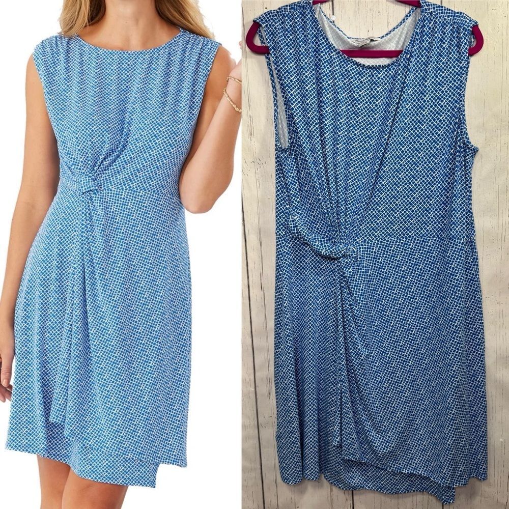 Tommy Bahama Blue White Sleeveless Dress Faux Wrap XL Coastal Resortwear Beach
